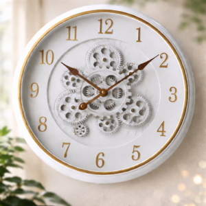 luxury vintage gear wall clock – elegant white & gold designer timepiece