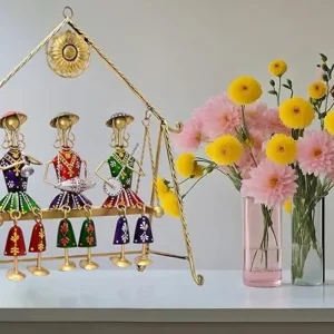 royal rajasthani musical trio on jhula – handcrafted metal home decor
