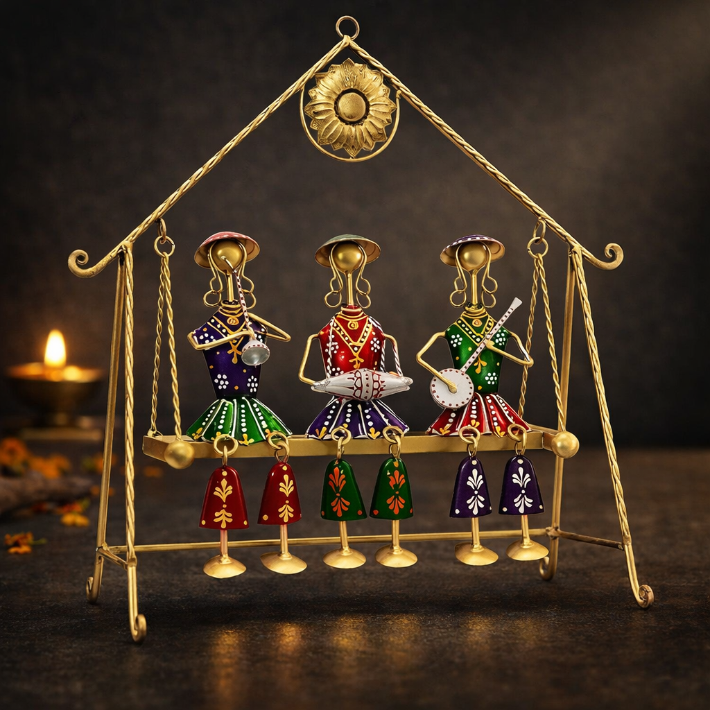 royal rajasthani musical trio on jhula – handcrafted metal home decor royal rajasthani musical trio on jhula – handcrafted metal home decor